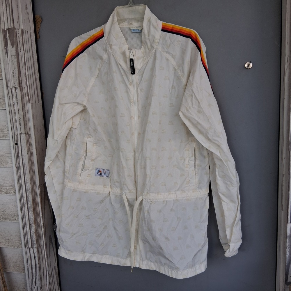 Aldi Gear Rainbow Stripe White AOP Windbreaker L EUC‎